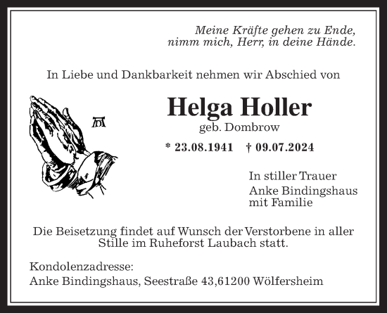 Traueranzeige von Helga Holler von Wetterauer Zeitung