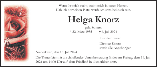 Traueranzeige von Helga Knorz von Butzbacher Zeitung
