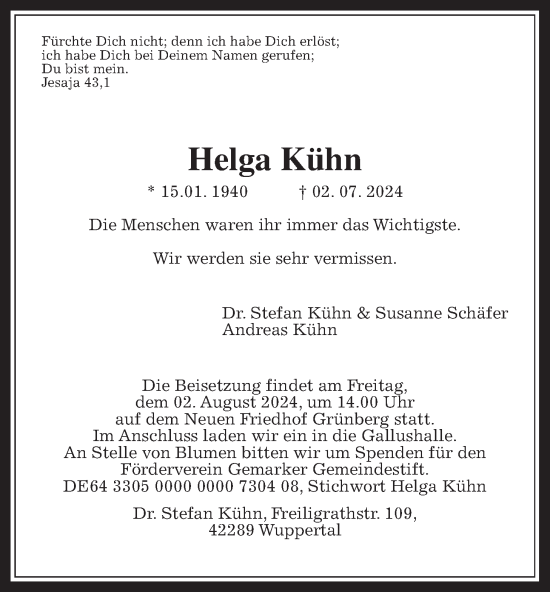 Traueranzeige von Helga Kühn von Giessener Allgemeine, Alsfelder Allgemeine