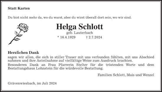 Traueranzeige von Helga Schlott von Usinger Anzeiger