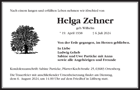 Traueranzeige von Helga Zehner von Kreis-Anzeiger