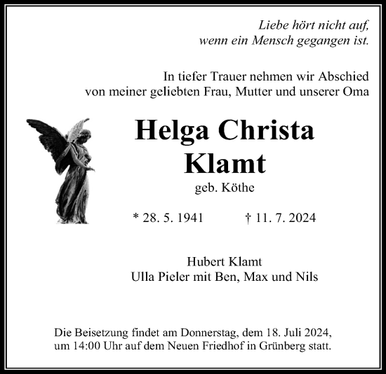 Traueranzeige von Helga Christa Klamt von Giessener Allgemeine, Alsfelder Allgemeine
