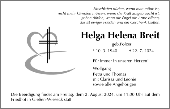 Traueranzeige von Helga Helena Breit von Giessener Allgemeine, Alsfelder Allgemeine