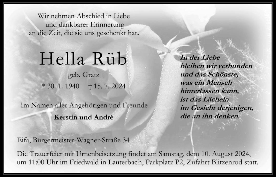 Traueranzeige von Hella Rüb von Oberhessische Zeitung