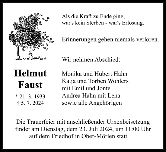 Traueranzeige von Helmut Faust von Wetterauer Zeitung