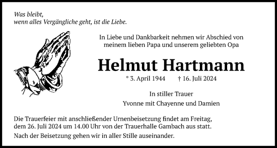 Traueranzeige von Helmut Hartmann von Butzbacher Zeitung