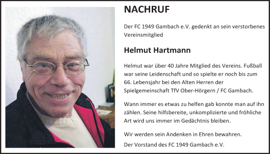 Traueranzeige von Helmut Hartmann von Butzbacher Zeitung