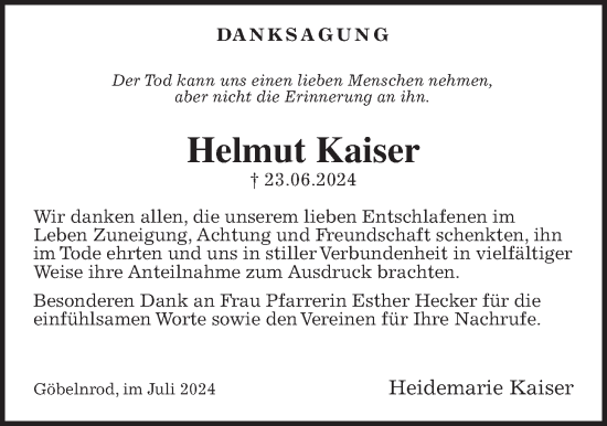 Traueranzeige von Helmut Kaiser von Giessener Allgemeine, Alsfelder Allgemeine, Giessener Anzeiger