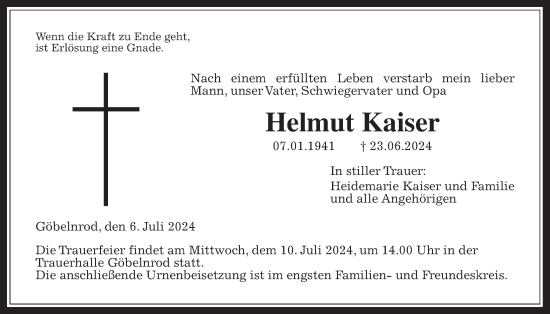 Traueranzeige von Helmut Kaiser von Giessener Anzeiger