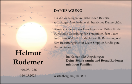 Traueranzeige von Helmut Rodemer von Lauterbacher Anzeiger