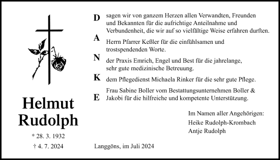 Traueranzeige von Helmut Rudolph von Giessener Allgemeine, Alsfelder Allgemeine, Giessener Anzeiger