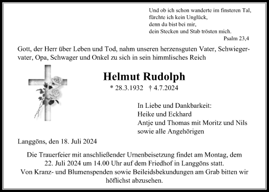 Traueranzeige von Helmut Rudolph von Giessener Anzeiger, Giessener Allgemeine, Alsfelder Allgemeine