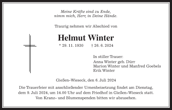 Traueranzeige von Helmut Winter von Giessener Allgemeine, Alsfelder Allgemeine