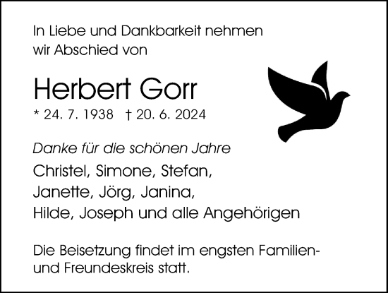 Traueranzeige von Herbert Gorr von Giessener Allgemeine, Alsfelder Allgemeine