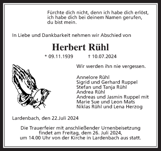 Traueranzeige von Herbert Rühl von Giessener Allgemeine, Alsfelder Allgemeine