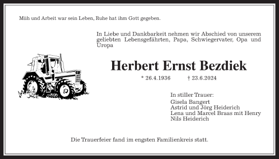 Traueranzeige von Herbert Ernst Bezdiek von Usinger Anzeigenblatt