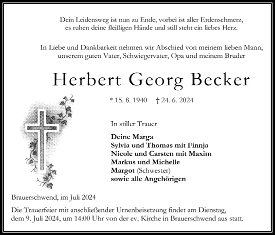 Traueranzeige von Herbert Georg Becker von Oberhessische Zeitung