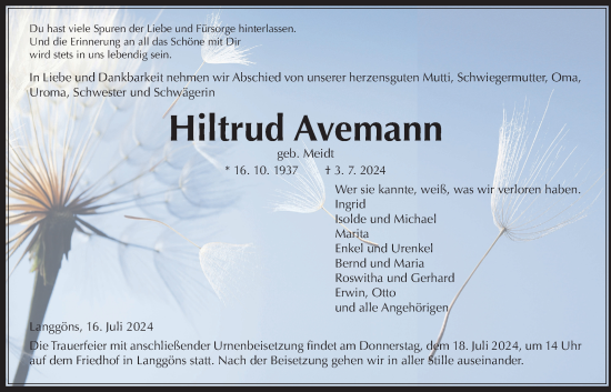 Traueranzeige von Hiltrud Avemann von Giessener Allgemeine, Alsfelder Allgemeine