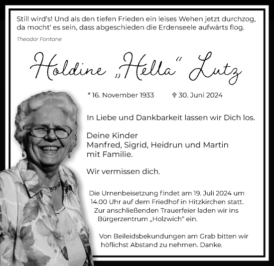 Traueranzeige von Holdine Lutz von Kreis-Anzeiger