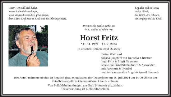 Traueranzeige von Horst Fritz von Giessener Allgemeine, Alsfelder Allgemeine
