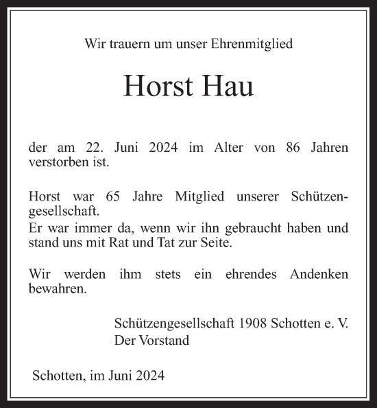 Traueranzeige von Horst Hau von Kreis-Anzeiger