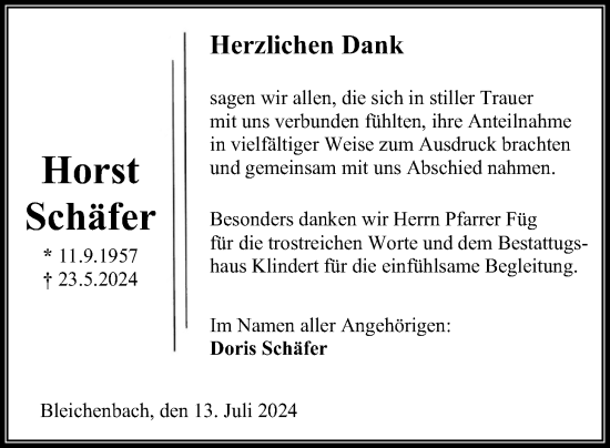 Traueranzeige von Horst Schäfer von Kreis-Anzeiger