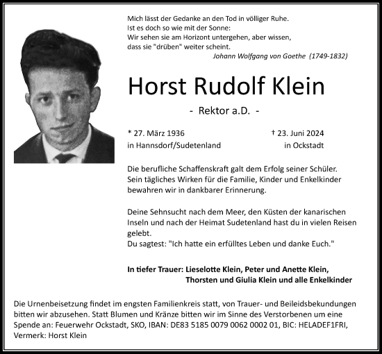 Traueranzeige von Horst Rudolf Klein von Wetterauer Zeitung