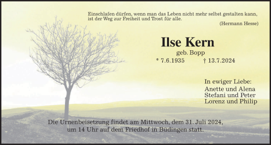 Traueranzeige von Ilse Kern von Wetterauer Zeitung