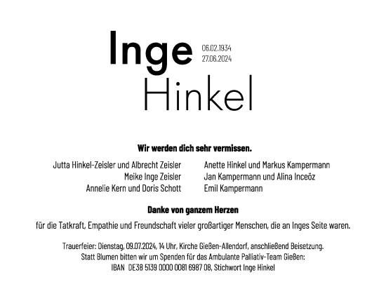 Traueranzeige von Inge Hinkel von Giessener Allgemeine, Alsfelder Allgemeine, Giessener Anzeiger