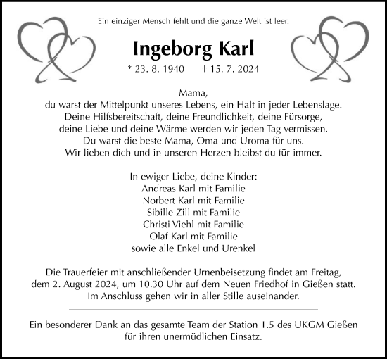 Traueranzeige von Ingeborg Karl von Giessener Allgemeine, Alsfelder Allgemeine
