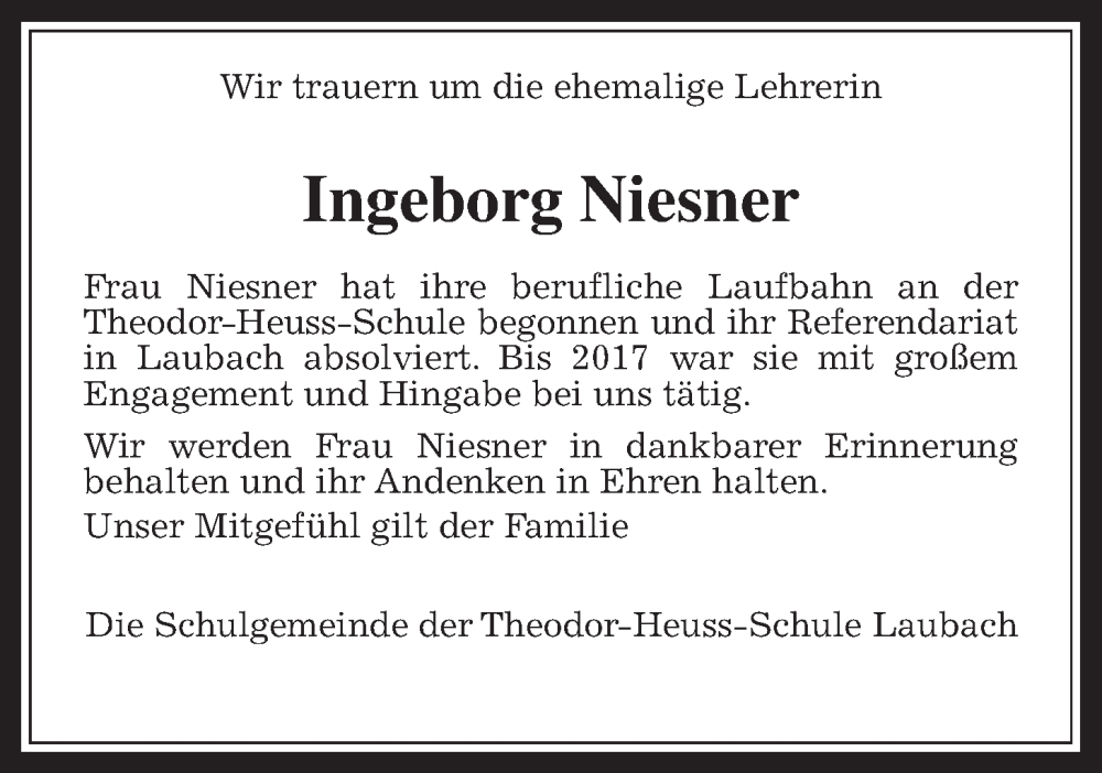  Traueranzeige für Ingeborg Niesner vom 03.07.2024 aus Laubacher Anzeiger