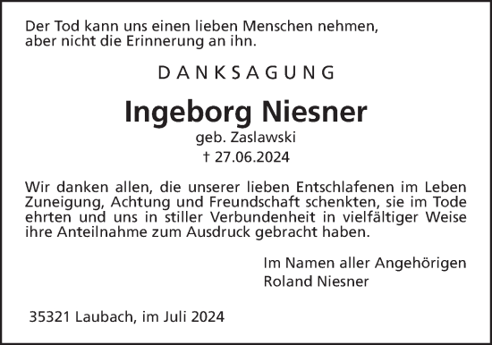 Traueranzeige von Ingeborg Niesner von Laubacher Anzeiger
