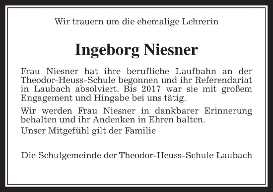 Traueranzeige von Ingeborg Niesner von Laubacher Anzeiger
