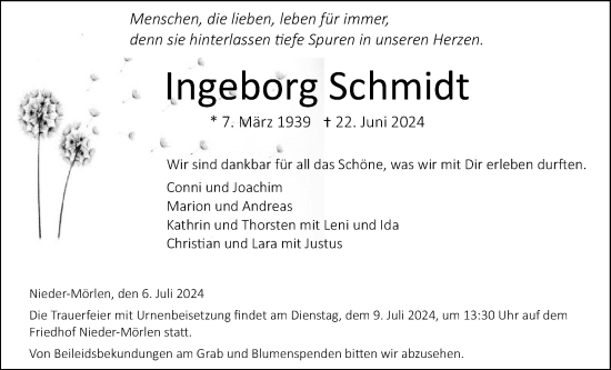 Traueranzeige von Ingeborg Schmidt von Wetterauer Zeitung