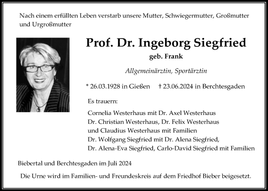 Traueranzeige von Ingeborg Siegfried von Giessener Allgemeine, Alsfelder Allgemeine