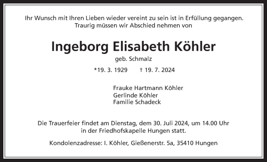 Traueranzeige von Ingeborg Elisabeth Köhler von Giessener Allgemeine, Alsfelder Allgemeine