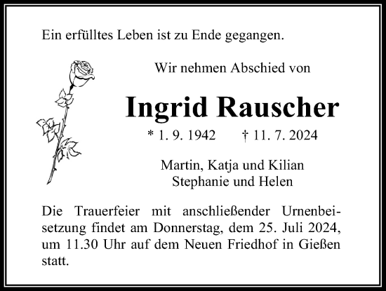 Traueranzeige von Ingrid Rauscher von Giessener Anzeiger, Giessener Allgemeine, Alsfelder Allgemeine