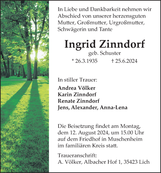 Traueranzeige von Ingrid Zinndorf von Licher Wochenblatt