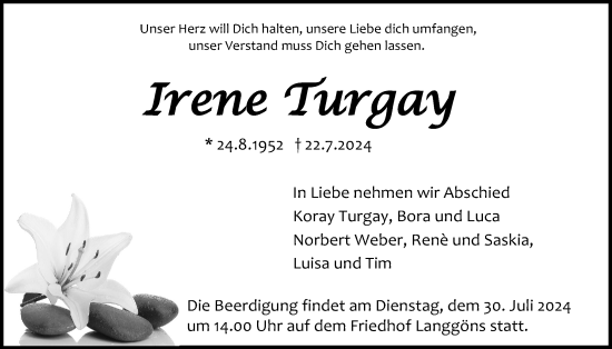 Traueranzeige von Irene Turgay von Giessener Allgemeine, Alsfelder Allgemeine, Giessener Anzeiger