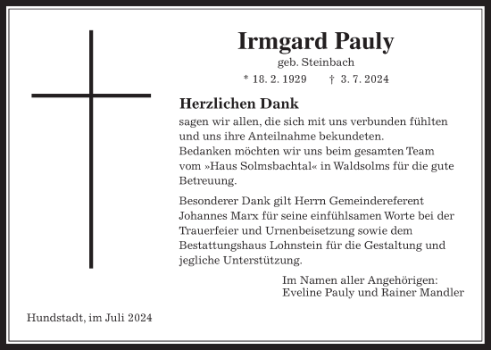 Traueranzeige von Irmgard Pauly von Usinger Anzeiger, Usinger Anzeigenblatt