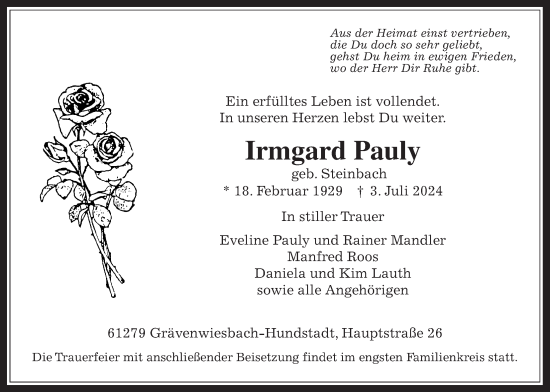 Traueranzeige von Irmgard Pauly von Usinger Anzeiger