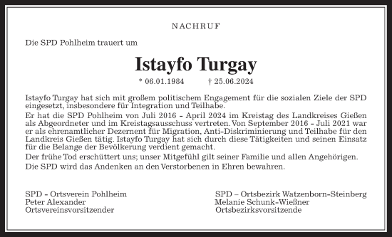 Traueranzeige von Istayfo Turgay von Pohlheimer Nachrichten