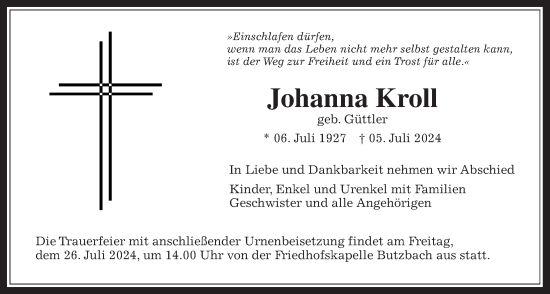 Traueranzeige von Johanna Kroll von Butzbacher Zeitung