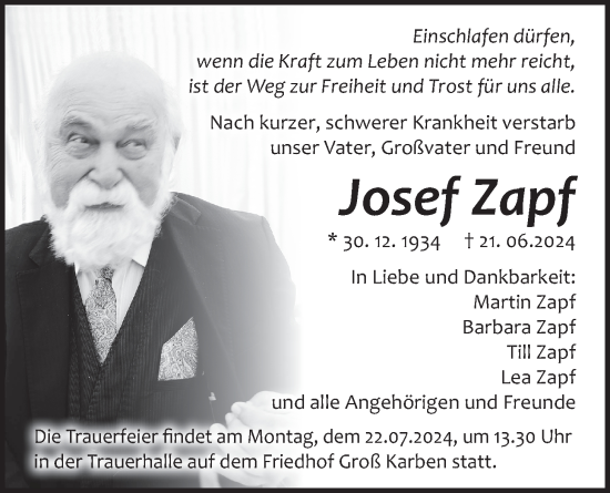 Traueranzeige von Josef Zapf von Wetterauer Zeitung