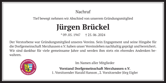 Traueranzeige von Jürgen Brückel von Usinger Anzeiger