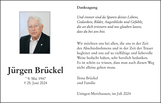 Traueranzeige von Jürgen Brückel von Usinger Anzeiger