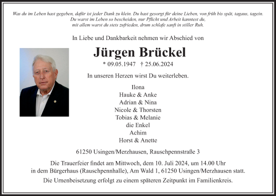 Traueranzeige von Jürgen Brückel von Usinger Anzeiger