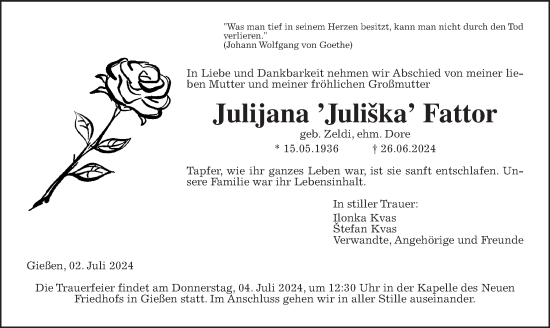 Traueranzeige von Julijana Fattor von Giessener Allgemeine, Alsfelder Allgemeine