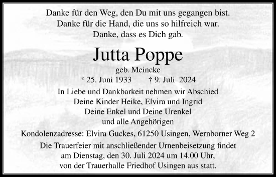 Traueranzeige von Jutta Poppe von Usinger Anzeigenblatt