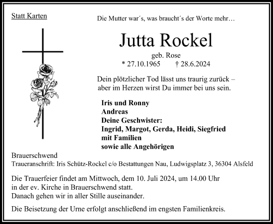 Traueranzeige von Jutta Rockel 